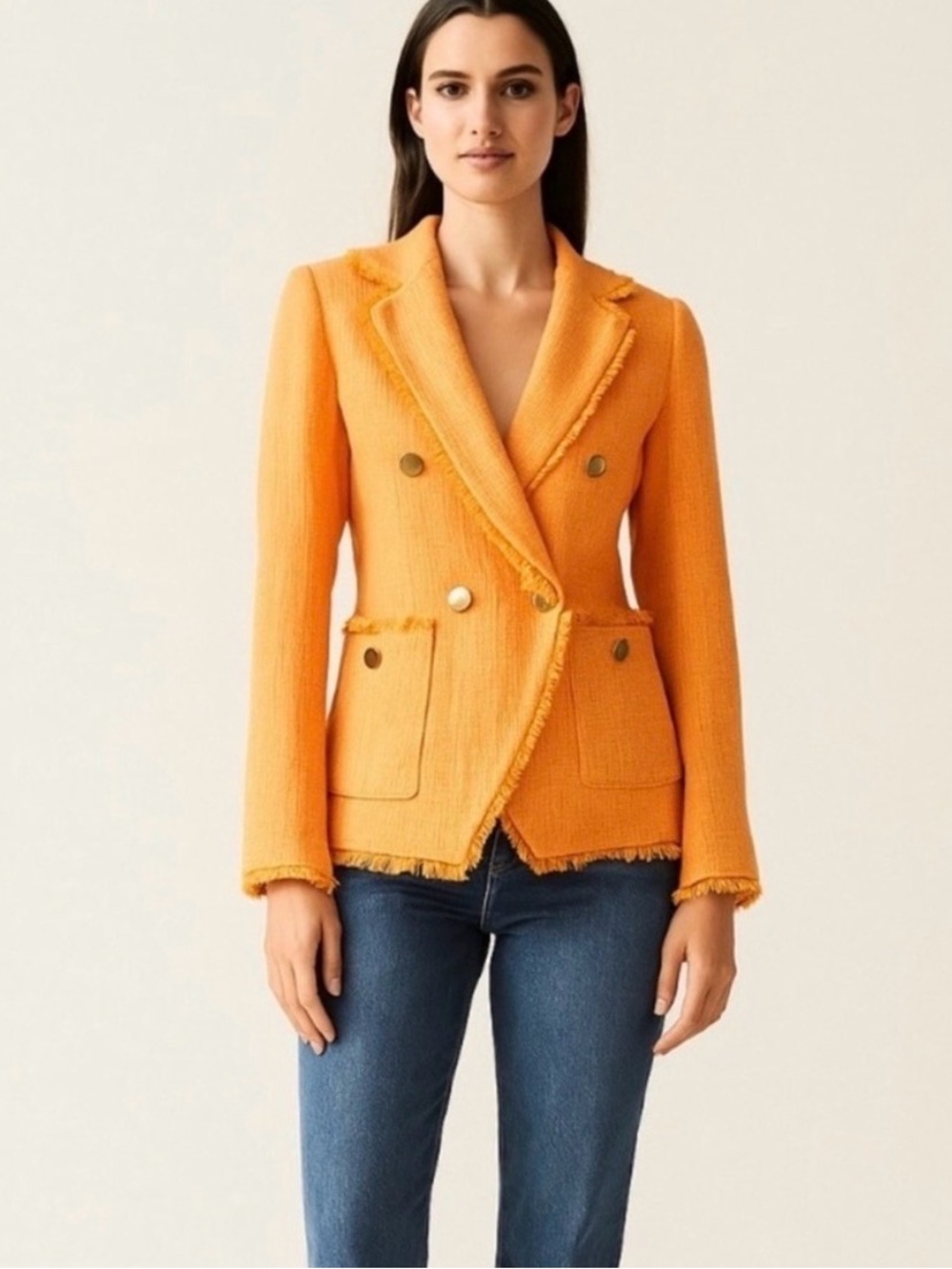 House of Harlow 1960 Orange Frayed-Trim Double-Breasted Blazer in Vibrant Color